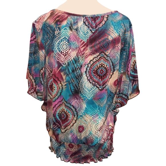 Y2K Stretchy Colorful Blouse Top Flutter Sleeves Blousy Relaxed Petite LG Office - Picture 5 of 11